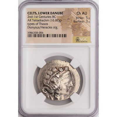 Outstanding NGC Ch. AU Ancient Greek (Celts) Silver Tetradrachm Dionysus, God of Wine circa 2nd-1st Century B.C.  